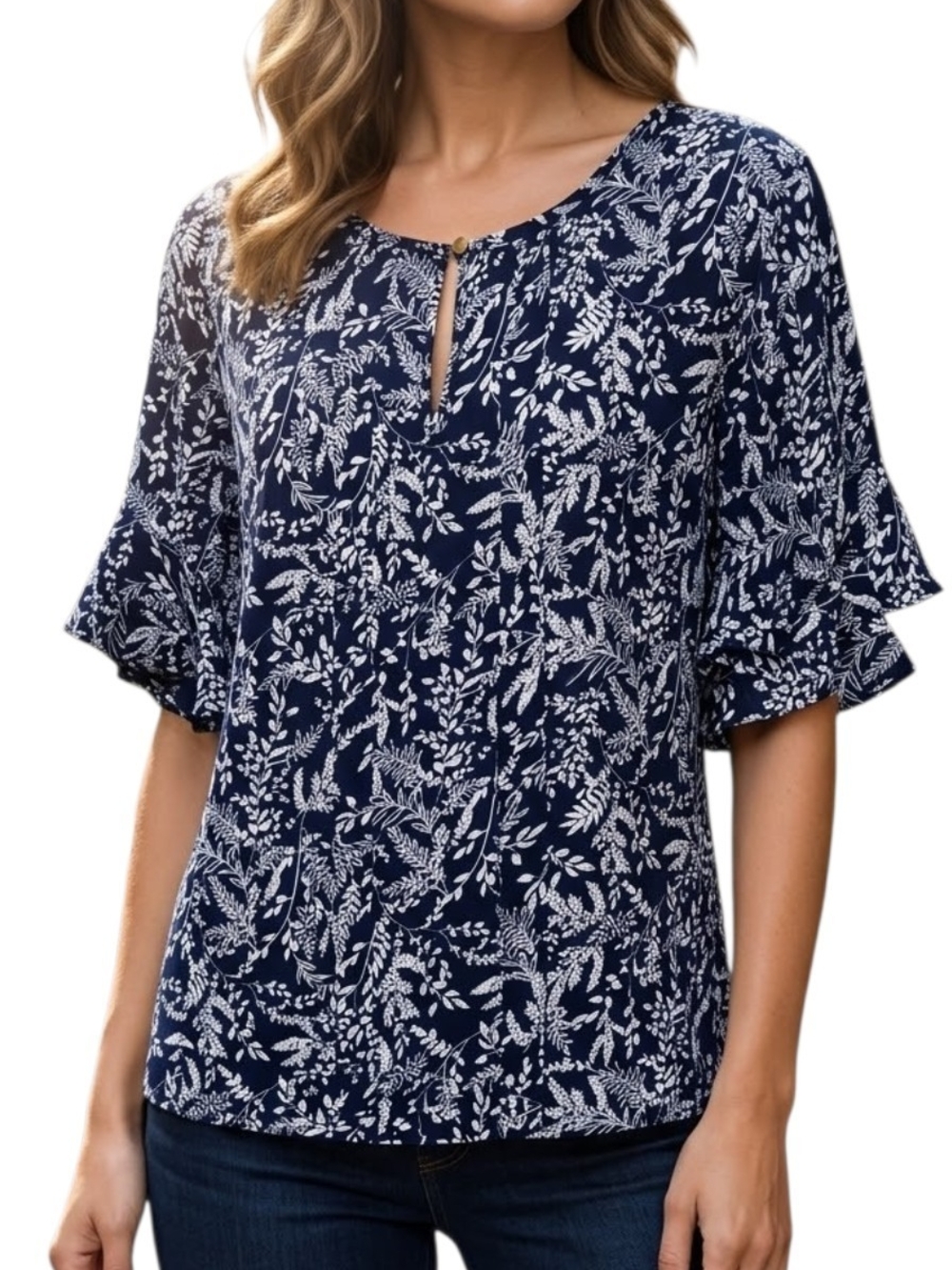 LIZ CLAIBORNE Career Womens Large Navy Blue White Floral Flutter Sleeve Blouse